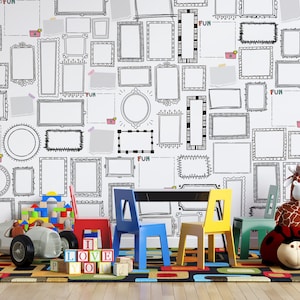 Kids room wallpaper with doodle picture frames | Removable self adhesive mural | Fun textured wall art | Soft nonwoven wallpaper design