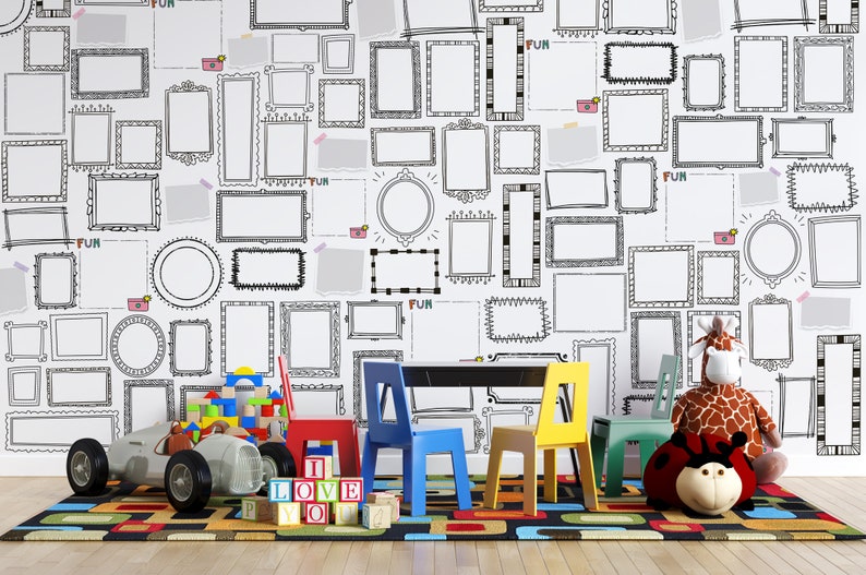 Kids room wallpaper with doodle picture frames | Removable self adhesive mural | Fun textured wall art | Soft nonwoven wallpaper design