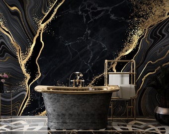 SCHWARZER Marmor mit GOLD Details klebende Marmortapete, hübsches Wohnzimmerdekor, klebende Tapete, Marmortapete, anpassbares Wandbild