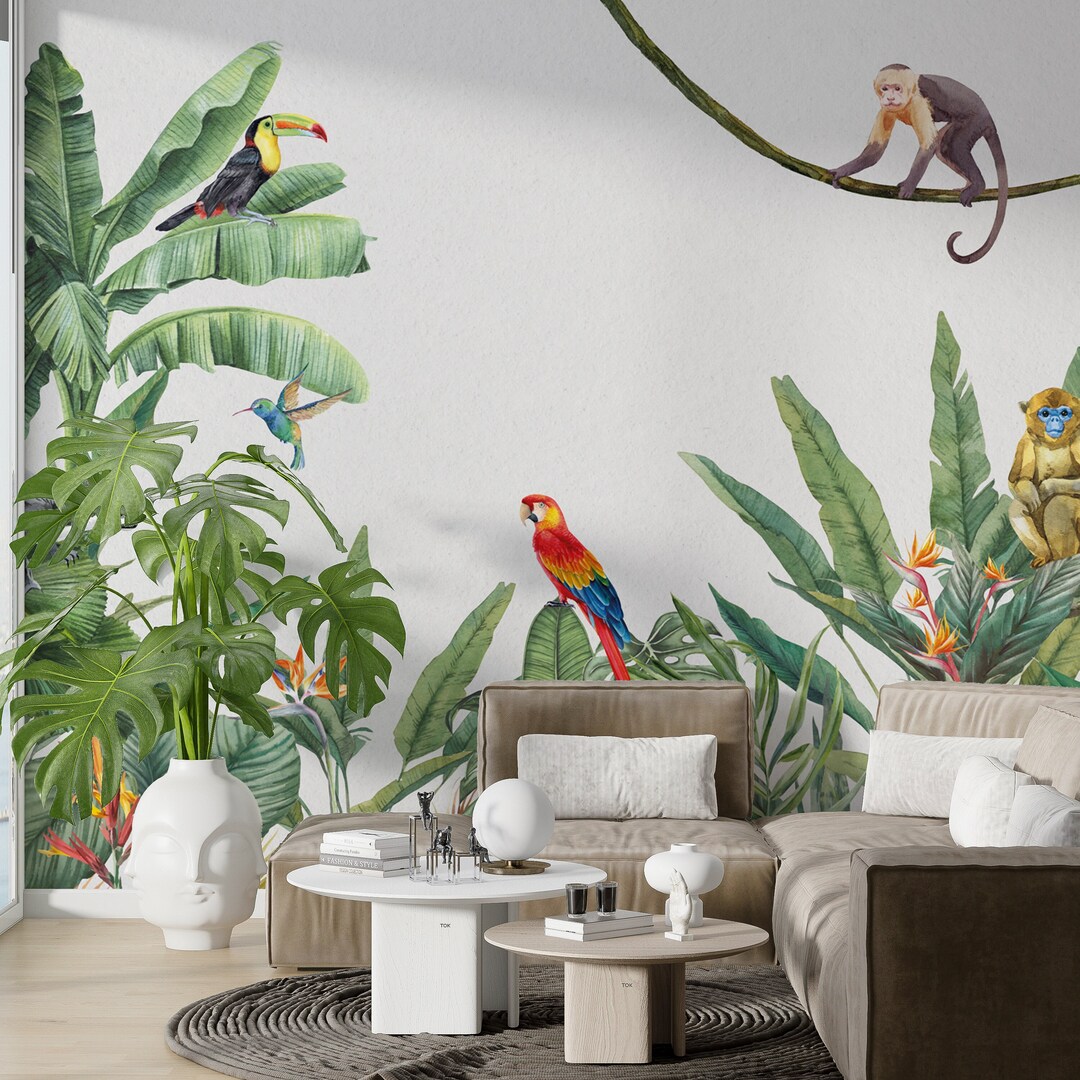 Tropical Jungle Themed Removable Wallpaper Peel and Stick Etsy