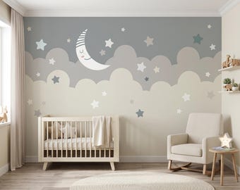 Moon and Stars Nursery Wallpaper, Neutral Baby Room Decor, Cloud Wallpaper for Nursery, Gender Neutral Wall Mural