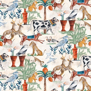May include: A repeating pattern on a light beige background featuring illustrations of black and white spotted cows, orange leopards, blue herons, deer, monkeys, and birds. The design includes palm trees with orange fruit and red terracotta pots.