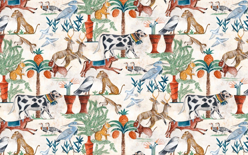 May include: A repeating pattern on a light beige background featuring illustrations of black and white spotted cows, orange leopards, blue herons, deer, monkeys, and birds. The design includes palm trees with orange fruit and red terracotta pots.