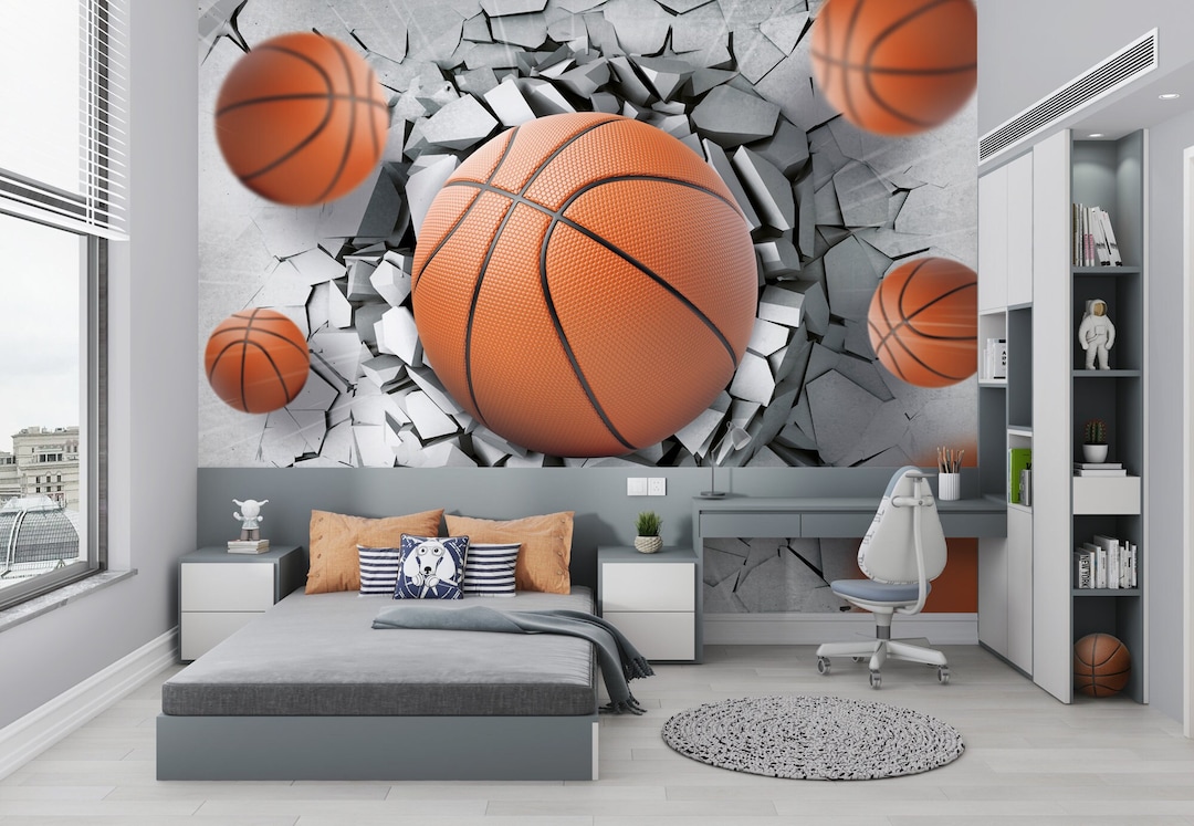 3D Basketball Wallpaper, 3D Wall Art Wallposter, Adhesive Basketball Aesthetic Decal, Realistic