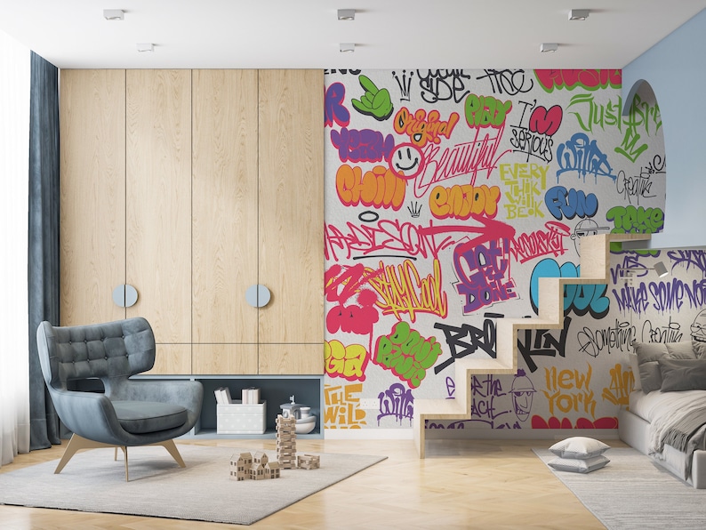 Graffiti Stlye Peel and Stick Wallpaper Doodles Wall Mural Etsy
