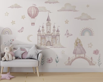 Adesivo murale personalizzato con castello magico della principessa / Decorazione da favola per la cameretta dei bambini / Murale acquerello rosa / Regno fantasy staccabile e attaccabile per la cameretta delle bambine