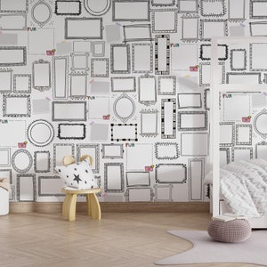 Kids room wallpaper with doodle picture frames | Removable self adhesive mural | Fun textured wall art | Soft nonwoven wallpaper design
