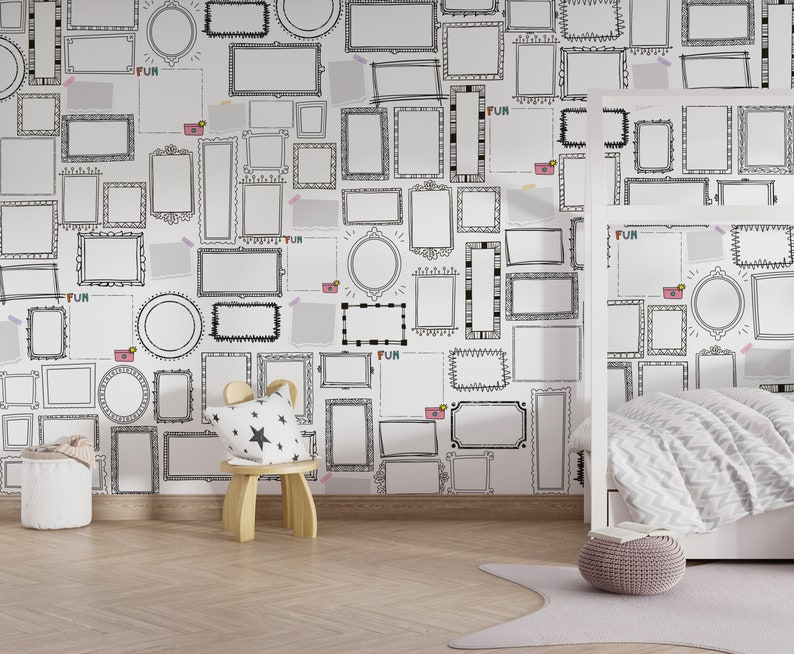 Kids room wallpaper with doodle picture frames | Removable self adhesive mural | Fun textured wall art | Soft nonwoven wallpaper design