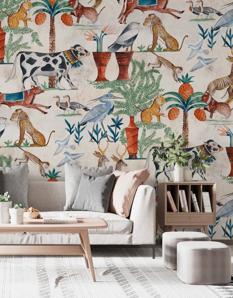 May include: A wallpaper featuring a repeating pattern of various animals including cows, leopards, monkeys, and birds, interspersed with palm trees, potted plants, and fruit on a light beige background with a subtle, weathered texture.
