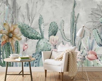 Aquarel Cactus Bloem Behang - Cactus Wallposter - Woonkamer Decor - Home Decor - Peel en Stick - Muurschilderingen - Bloeiende bloemen - Geschenken