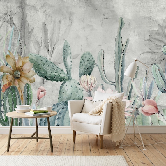 Watercolor Cactus Flower Wallpaper- Cactus Wallposter- Living Room Decor-  Home Decor- Peel and Stick- Mural Art- Blooming Flowers - Gifts - Etsy