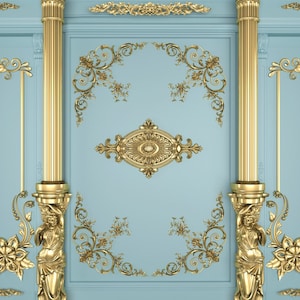 May include: A decorative wall panel with a blue background and gold accents. The panel features ornate floral designs, columns, and a central medallion.