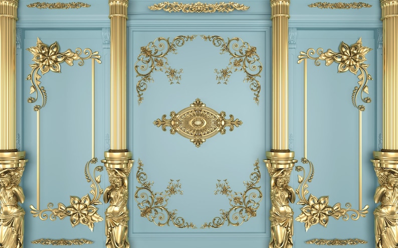 May include: A decorative wall panel with a blue background and gold accents. The panel features ornate floral designs, columns, and a central medallion.