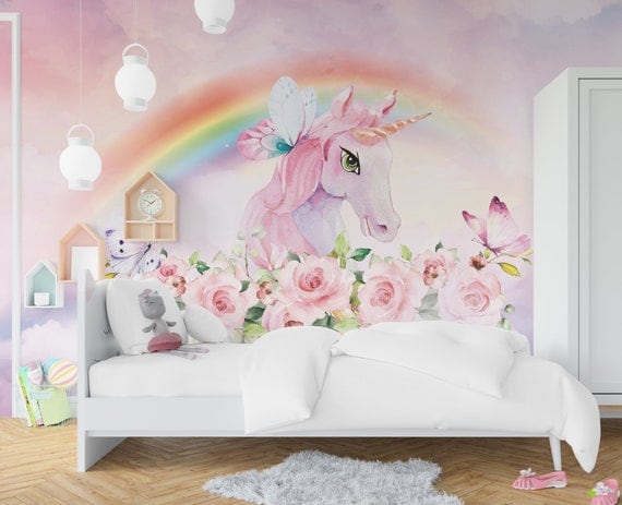 Licorne et papier peint arc-en-ciel pour décor de chambre de filles,  pépinière murale rose, décor de mur de licorne pour pépinière, bébé chambre  Wall Art -  Canada