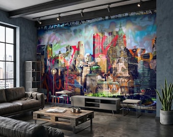 Urban Graffiti Wallpaper, New York Skyline Wall Mural, Industrial Loft Wall Decor, Colorful Cityscape Peel and Stick Wallpaper