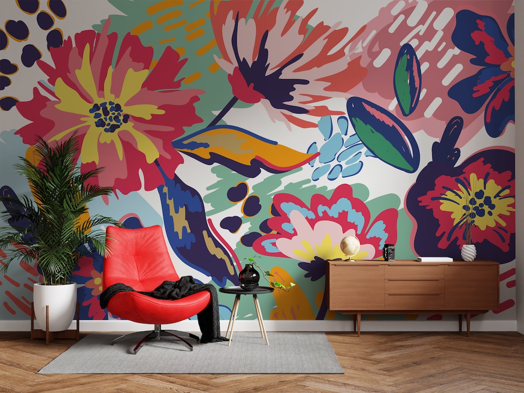 Colorful Art Style Floral Wall Mural , Paint Effected Colorful Flowers