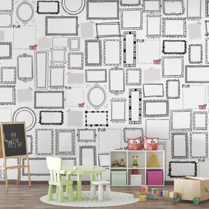 Kids room wallpaper with doodle picture frames | Removable self adhesive mural | Fun textured wall art | Soft nonwoven wallpaper design