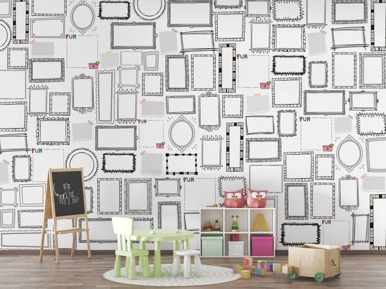 Kids room wallpaper with doodle picture frames | Removable self adhesive mural | Fun textured wall art | Soft nonwoven wallpaper design
