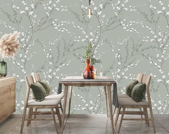 Tiny White Flowers Wallpaper - Bedroom Floral Wall Mural - Spring Tree Mural - Vintage Chinoiserie Wallpaper  - Blossom Wall Mural