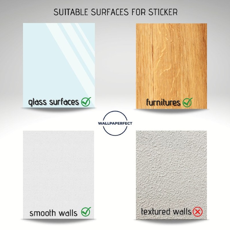 May include: A graphic showing suitable surfaces for applying a sticker. The graphic shows four surfaces: glass, wood, smooth wall, and textured wall. The glass, wood, and smooth wall surfaces are marked with a green checkmark, while the textured wall surface is marked with a red X.