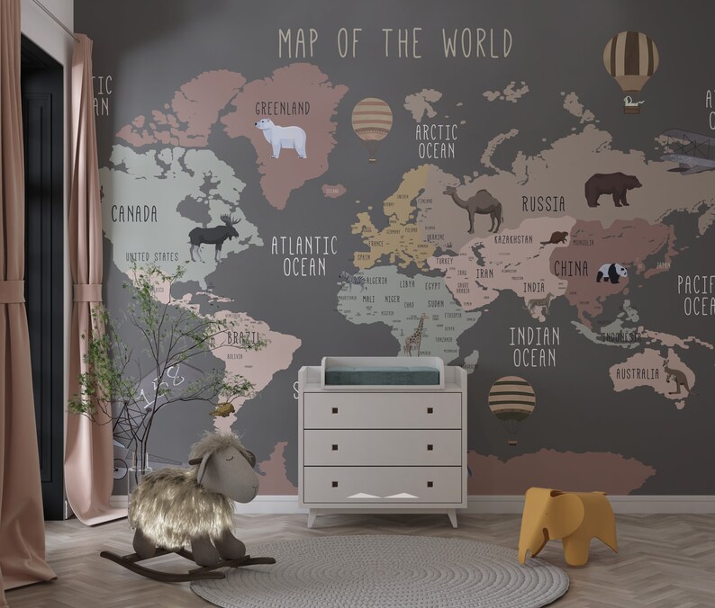 Kids Room Decor Map Wallpaper Peel and Stick Big World Map Etsy