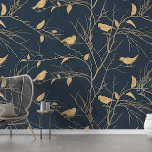 Navy Blue and Gold Bird Branch Wallpaper – Elegant Nature Wall Mural for Living Room, Bedroom or Accent Wall Decor