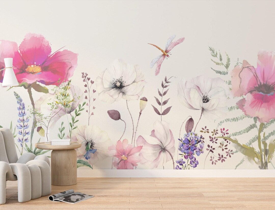 Watercolor Floral Wallpaper With Large Pink and White Flowers and ...