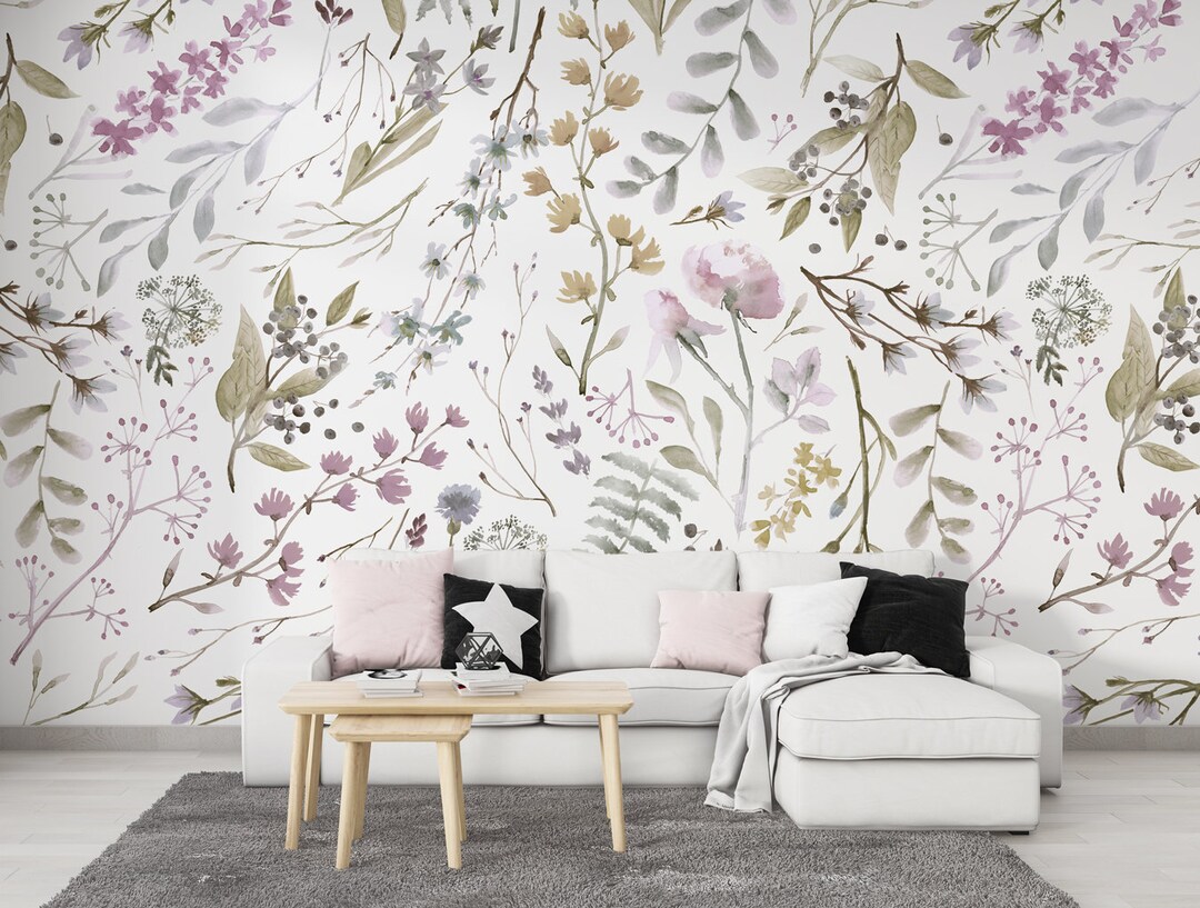 Soft Watercolor Effect Floral Wallpaper - Peel and Stick Mural ...