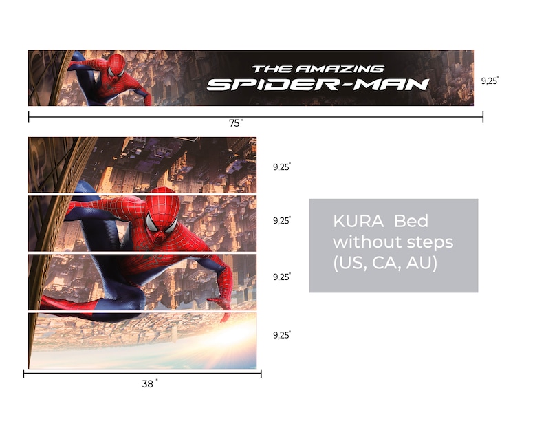 K&ouml;nnte beinhalten: Eine rote und blaue Spider-Man-Figur klettert eine Treppe hinauf, im Hintergrund eine Stadtlandschaft. Die Treppe ist 23,5 cm hoch und die Figur 190,5 cm breit. Der Text "THE AMAZING SPIDER-MAN" befindet sich oben im Bild. Der Text "KURA Bed without steps (US, CA, AU)" befindet sich in einem grauen Kasten auf der rechten Seite des Bildes.