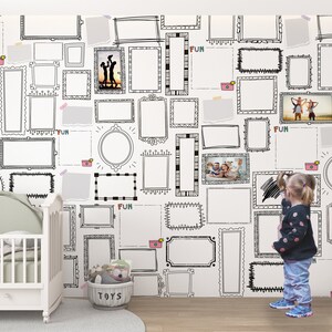 Kids room wallpaper with doodle picture frames | Removable self adhesive mural | Fun textured wall art | Soft nonwoven wallpaper design