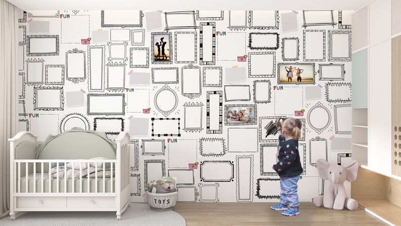 Kids room wallpaper with doodle picture frames | Removable self adhesive mural | Fun textured wall art | Soft nonwoven wallpaper design