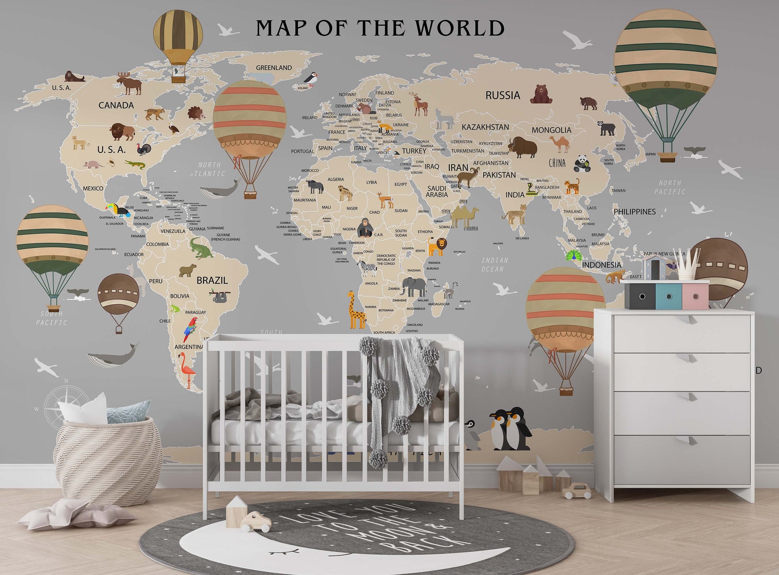 World Map for Nursery Room Wallpaper Educational Map Etsy