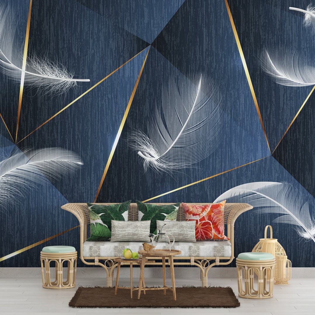 White Feathers Blue Background Wallpaper Art Decor Mural - Etsy