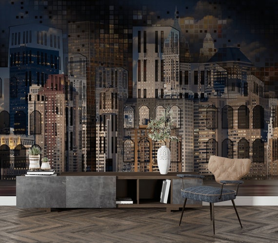 Dark Cityscape Mosaic Wallpaper Mural | Removable Self-Adhesive Wall Mural | Modern Urban Building Design | Soft Nonwoven Textured Wallpaper