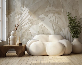 Tropical Banana Leaf Wallpaper | Beige Botanical Wall Mural | Custom Peel and Stick Removable Accent Wall Decor for Living Room Bedroom