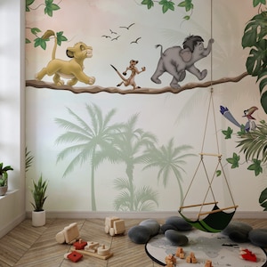 Animals Themed  Nursery Wallpaper - Cartoon Cute Animals Wall Mural for Baby Room - Removable Little Lions  Mural - Kids Room Lion King