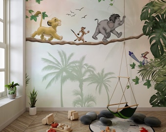 Animals Themed  Nursery Wallpaper - Cartoon Cute Animals Wall Mural for Baby Room - Removable Little Lions  Mural - Kids Room Lion King