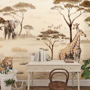 Safari Wallpaper for Bedroom - Giraffes Lion and Elephant Mural ...