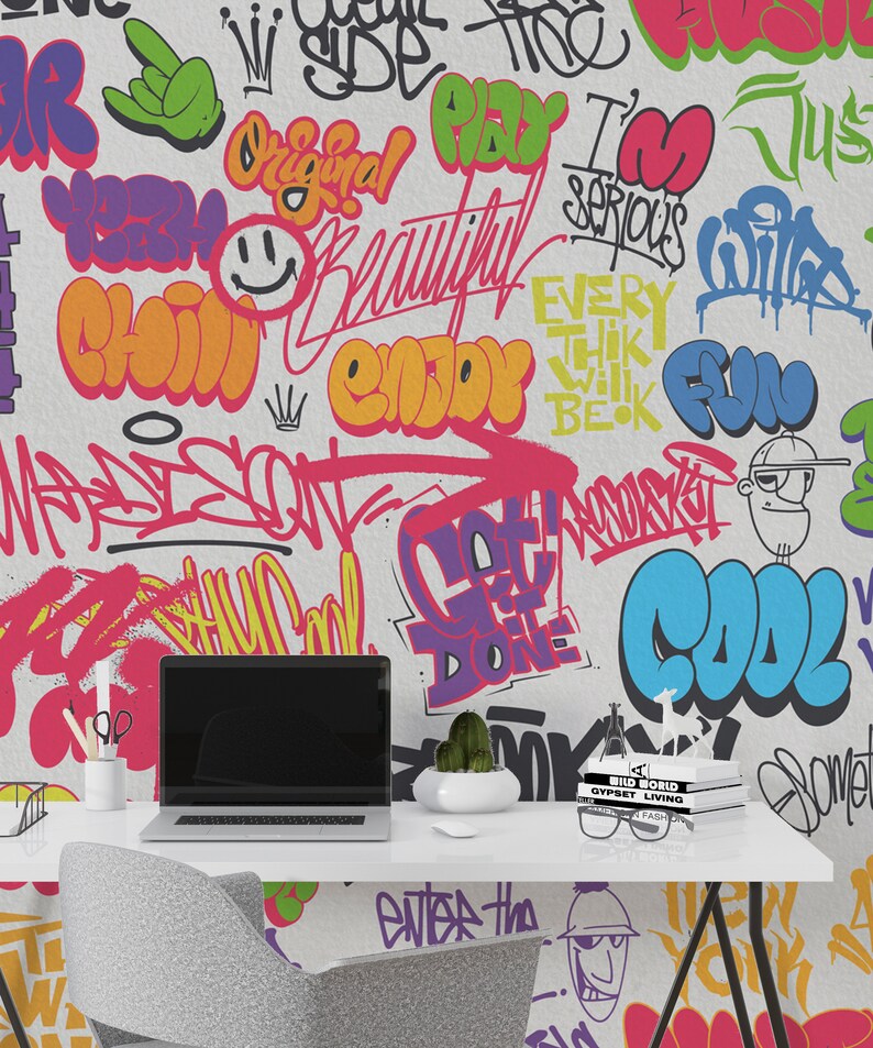 Graffiti Stlye Peel and Stick Wallpaper Doodles Wall Mural Etsy