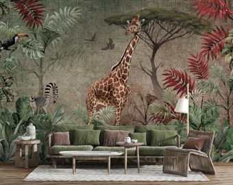 Tropical Jungle and Animals Wallpaper for Kids Room Decoration - Removable SAFARI Themed Nursery Wall Mural