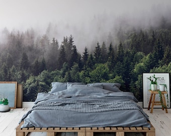 Foggy Forest Tropical Wallpaper , Rain Forest Exotic Wall Mural, Pines Wallpaper for Bedroom Decor , Removable Modern Wall Poster