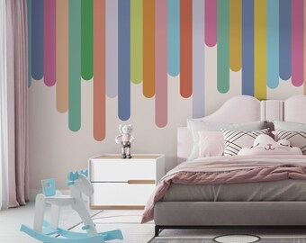 Colorful Stripes Nursery Wallpaper - Dripping paint effect mural for Kids Room Decor - Funny Colorful Vivid Wallpaper