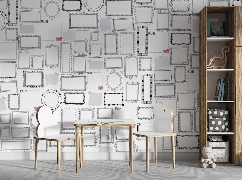 Kids room wallpaper with doodle picture frames | Removable self adhesive mural | Fun textured wall art | Soft nonwoven wallpaper design