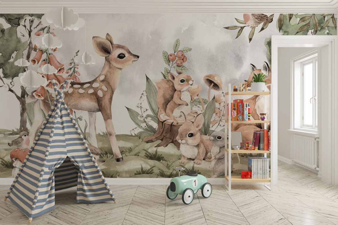 Watercolor Effect Jungle Wallpaper for Nursery Baby Room Etsy