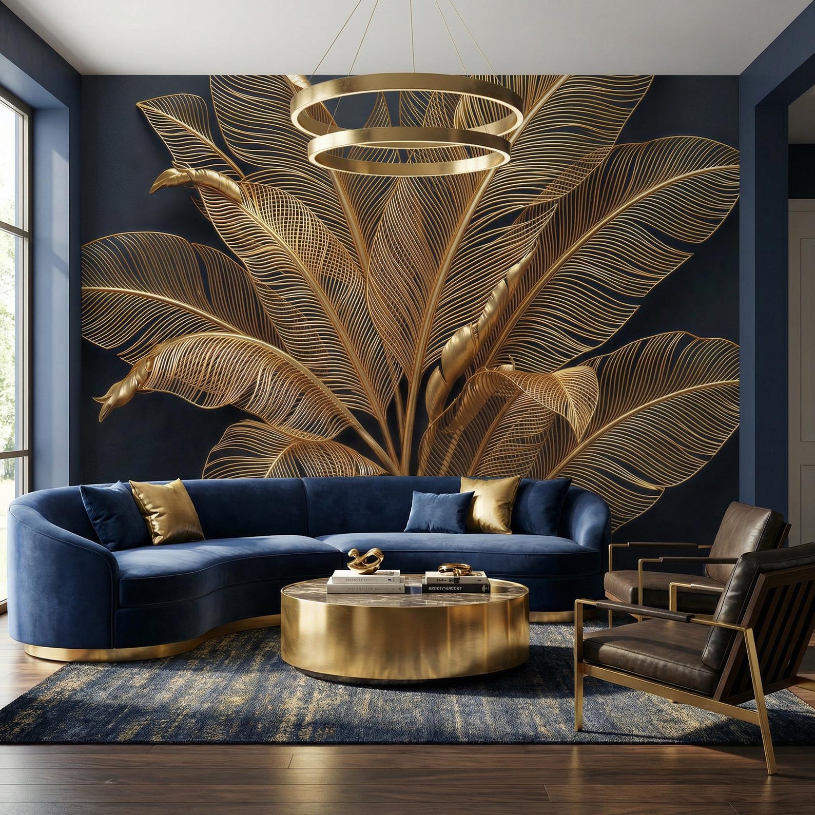Luxury Gold Leaf Wallpaper, Art Deco Wall Mural, Navy Blue Botanical ...