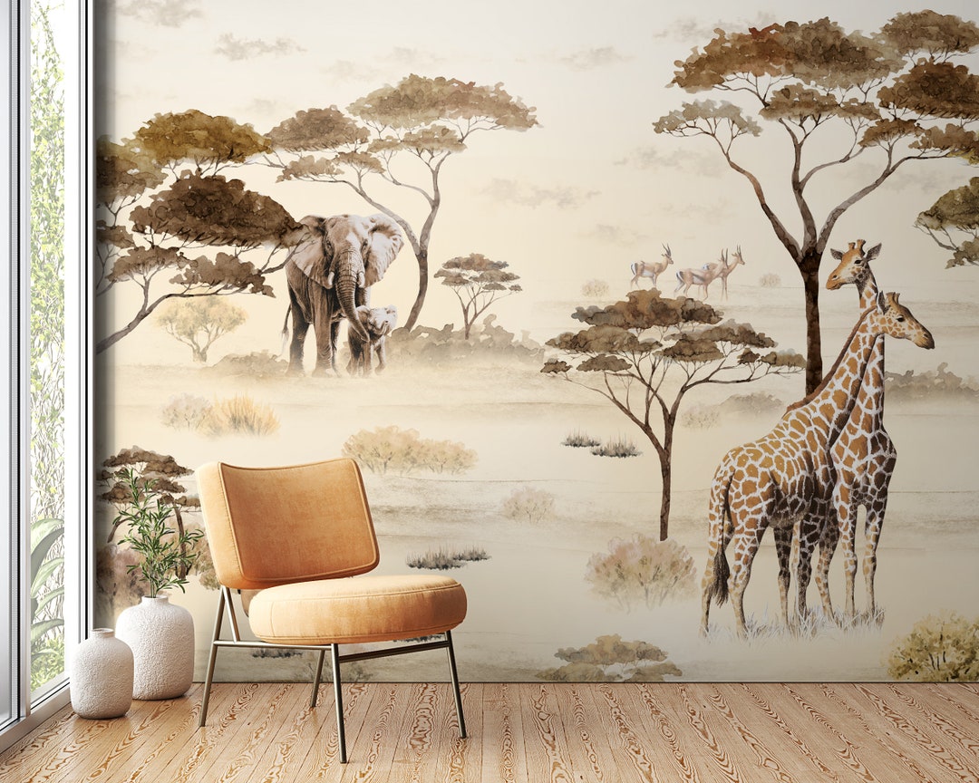 Safari Wallpaper for Bedroom - Giraffes Lion and Elephant Mural ...