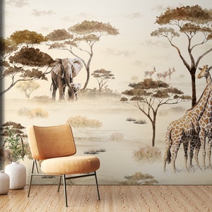 Carta da parati Safari per camera da letto - Murale giraffe, leoni ed elefanti - Carta da parati staccabile e incolla in stile vintage a tema giungla