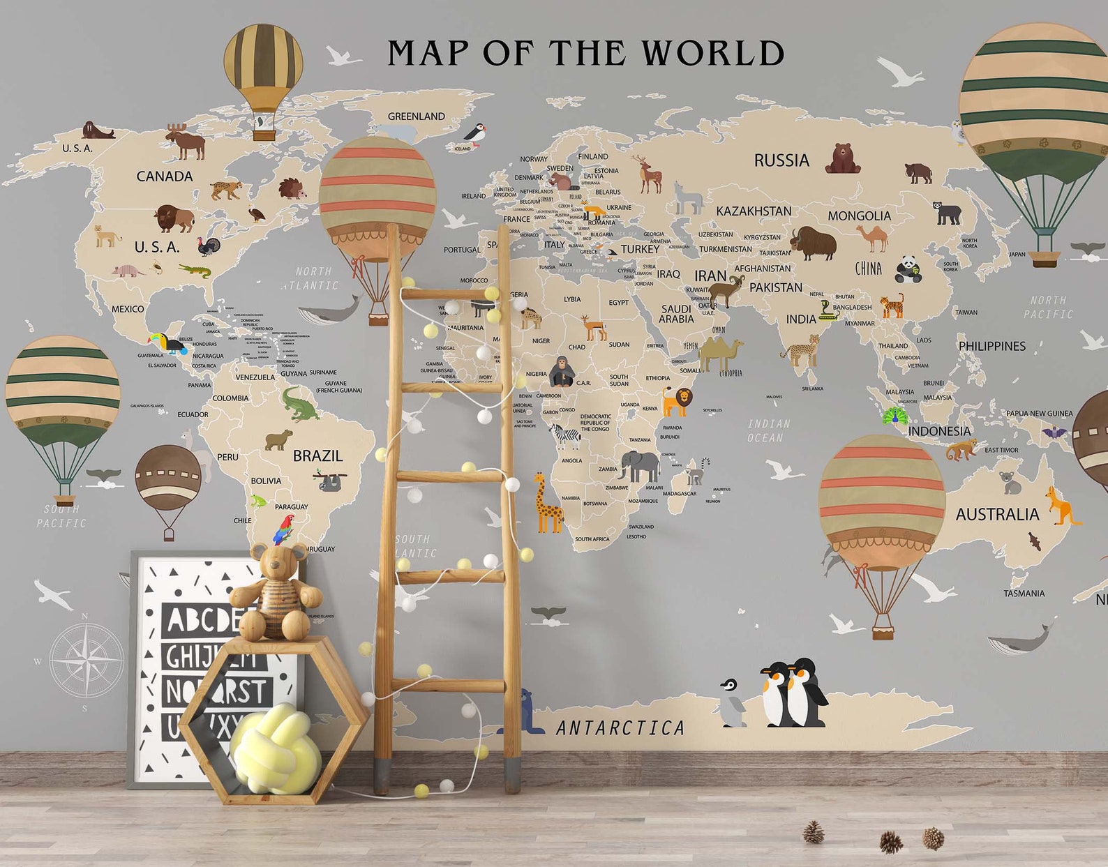 World Map for Nursery Room Wallpaper Educational Map Etsy