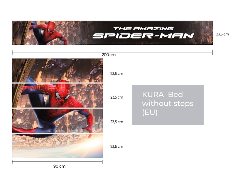K&ouml;nnte beinhalten: Eine rote und blaue Spiderman-Figur klettert eine Treppe hinauf, im Hintergrund eine Skyline. Das Bild ist eine Grafik f&uuml;r ein KURA-Bett ohne Stufen (EU).
