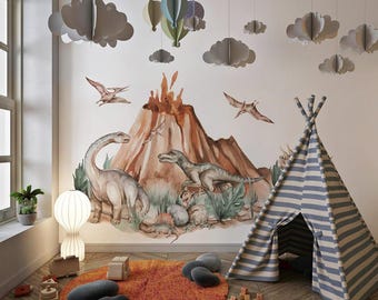Volcano Dino Nursery Wall Art, Dinosaur Wall Decal Sticker for Kids Room,  Peel and Stick Removable Dinosaur Decor